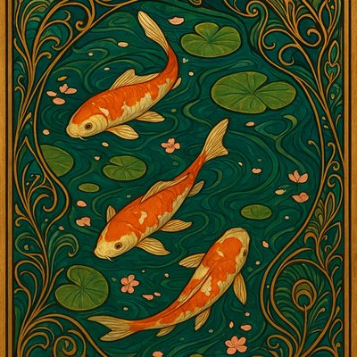 A koi pond seen from above, orange and white koi fish swimming among lily pads, clear water with subtle ripples, fallen cherry blossom petals floating on the surface, dappled sunlight