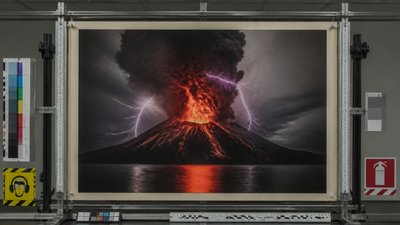 an erupting volcano with lightning strikes, dramatic wide composition, no text