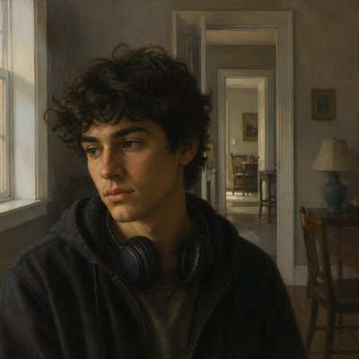 head-and-shoulders portrait of an original character: a young man with curly dark hair and headphones around his neck, plain backdrop, no text
