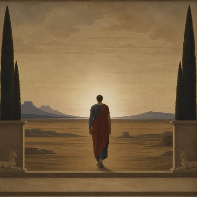 a solitary figure walking toward a glowing horizon across an empty plain, moody atmosphere, no text or lettering