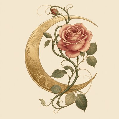 a rose entwined with a crescent moon, clean balanced composition on a plain background, no text