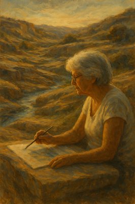 a painting of a woman writing on a piece of paper