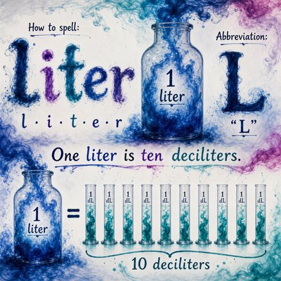 Create an image to assist with learning how to spell the word "liter" and its abbreviation "L". And use this to also express: "One liter is ten deciliters."