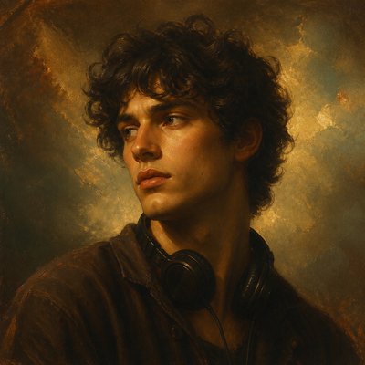 head-and-shoulders portrait of an original character: a young man with curly dark hair and headphones around his neck, plain backdrop, no text