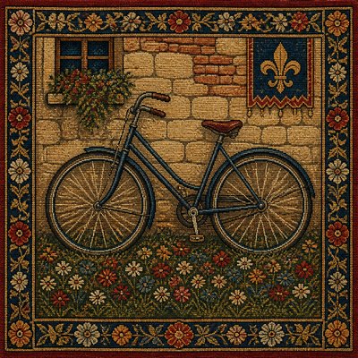 bicyle resting against a wall — Woven Tapestry Art Style