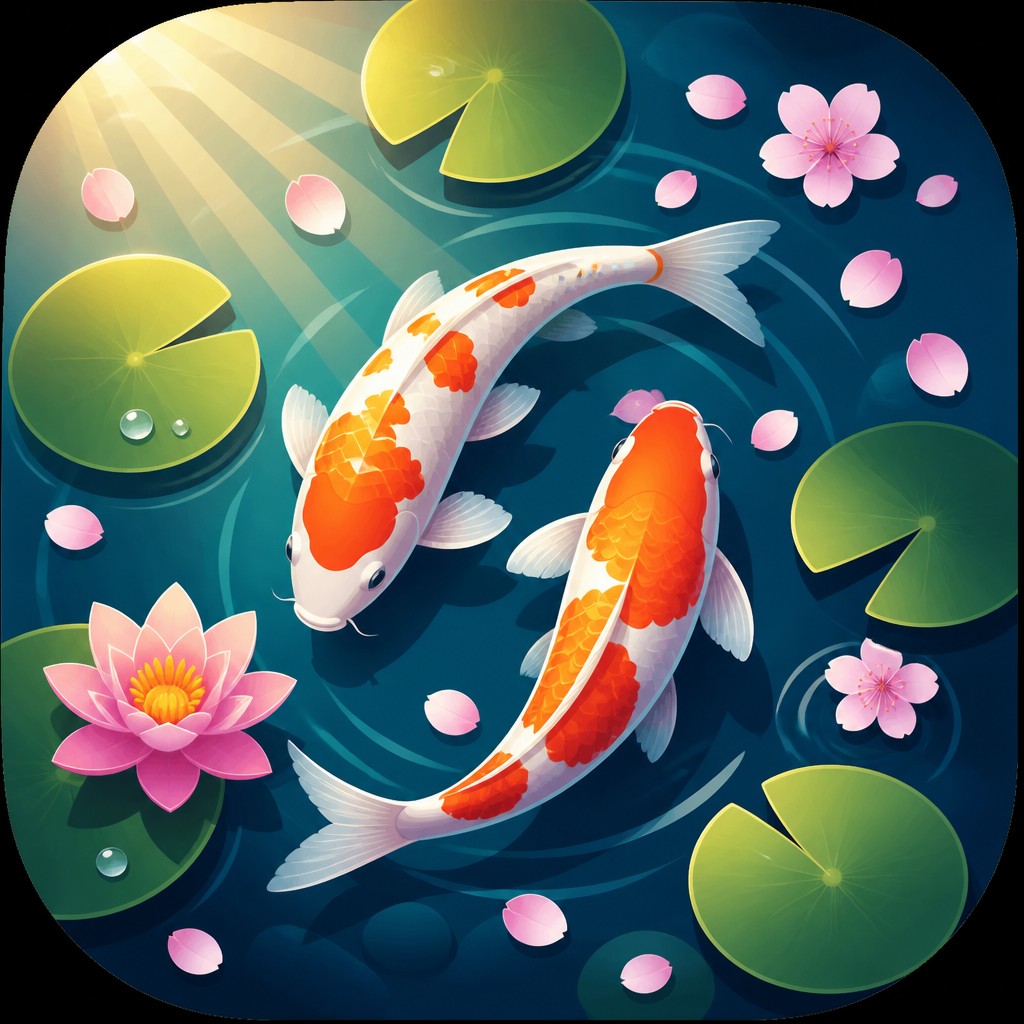 A koi pond seen from above, orange and white koi fish swimming among lily pads, clear water with subtle ripples, fallen cherry blossom petals floating on the surface, dappled sunlight
