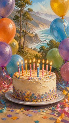 a birthday cake with lit candles surrounded by balloons and confetti, festive vertical composition, no text