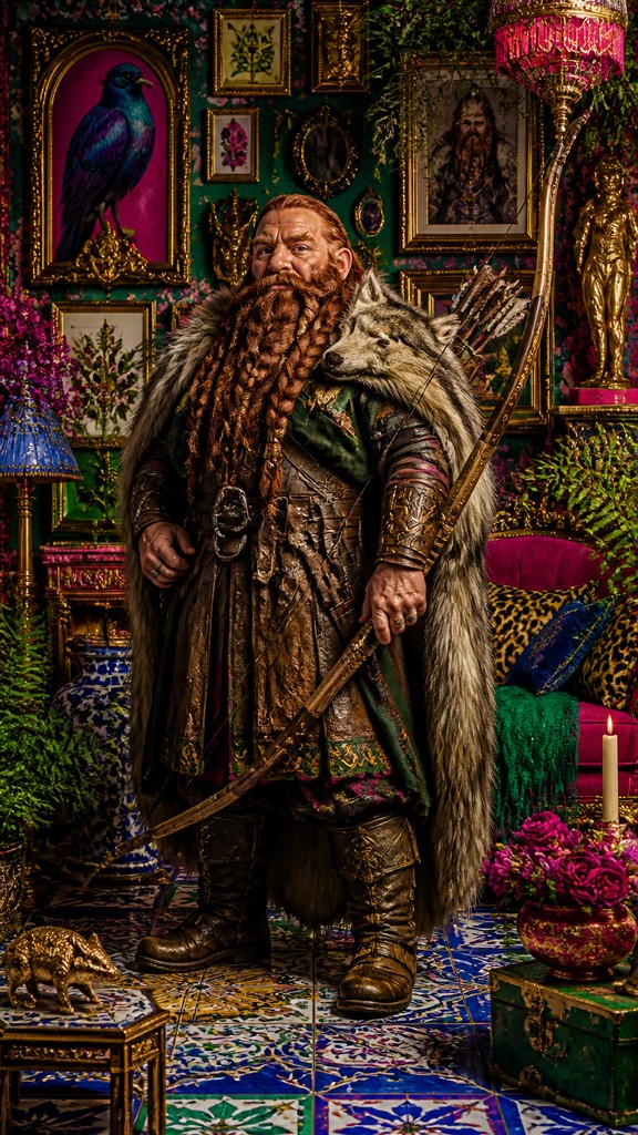 full-body original character: a dwarven ranger with a braided auburn beard, worn leather armor, a longbow and a wolf-pelt cloak, neutral background, no text