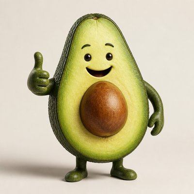 a happy avocado character giving a thumbs up, bold readable design on a plain background, no text