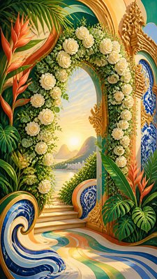 an arch of white roses and eucalyptus in soft morning light, elegant vertical composition with open space, no text