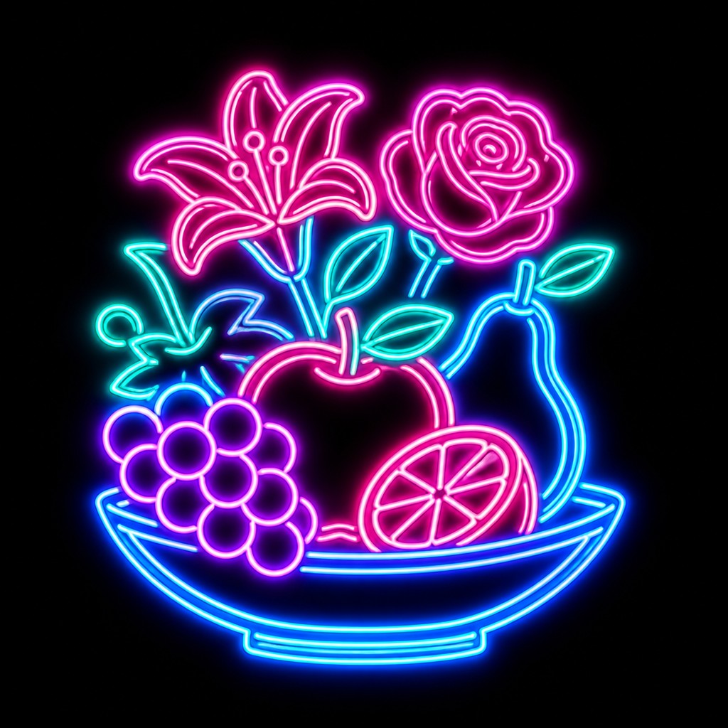 still life arrangement of fruits and flowers
