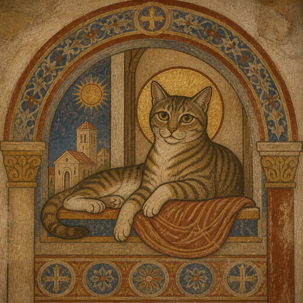a cat lounging in a sunlit window — Romanesque Art Style
