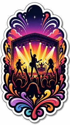 a live music scene with a glowing stage and silhouetted crowd, energetic vertical composition with open space at the top, no text