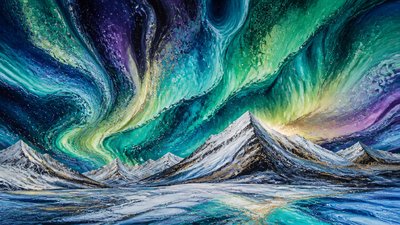 a flowing aurora over snowy peaks, wide sweeping composition, no people, no text