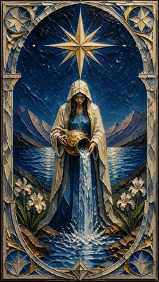 a robed figure pouring water beneath a large eight-pointed star in a night sky, symmetrical composition with an ornate decorative border, no text
