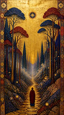a mysterious forest path with fireflies and drifting mist, atmospheric vertical composition with open space at the top, no text