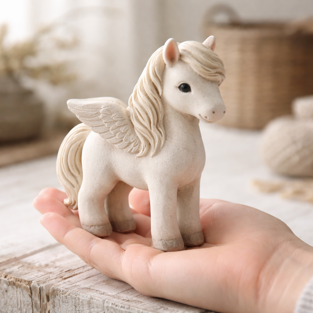 Palm-sized mythical horse figurine, anatomically correct with gentle pose and calm expression, subtle wings, minimalist fantasy style, whimsical and serene, soft studio lighting with shallow depth of field, plain background, limited colors, high but restrained detail