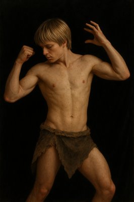 a painting of a shirtless man flexing his muscles