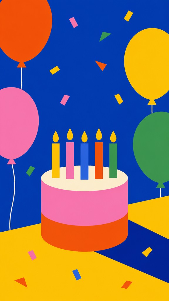 a birthday cake with lit candles surrounded by balloons and confetti, festive vertical composition, no text