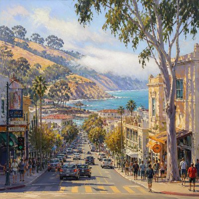 urban street with city activity — California Plein Air Art Style