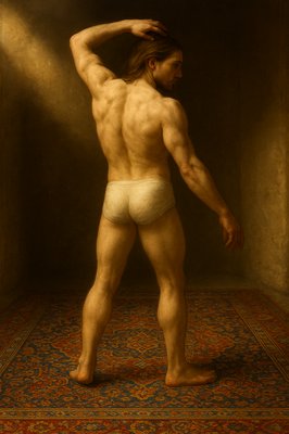 a painting of a man in underwear standing in a room