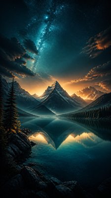 a tranquil mountain lake beneath a starry night sky, no people, no text
