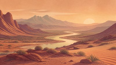 a vast valley with a river winding toward distant mountains at sunrise, no people, no text
