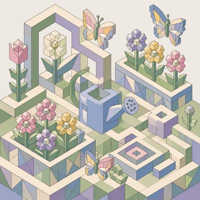 a garden scene with butterflies, flowers and a watering can, clean uncolored line art, no text