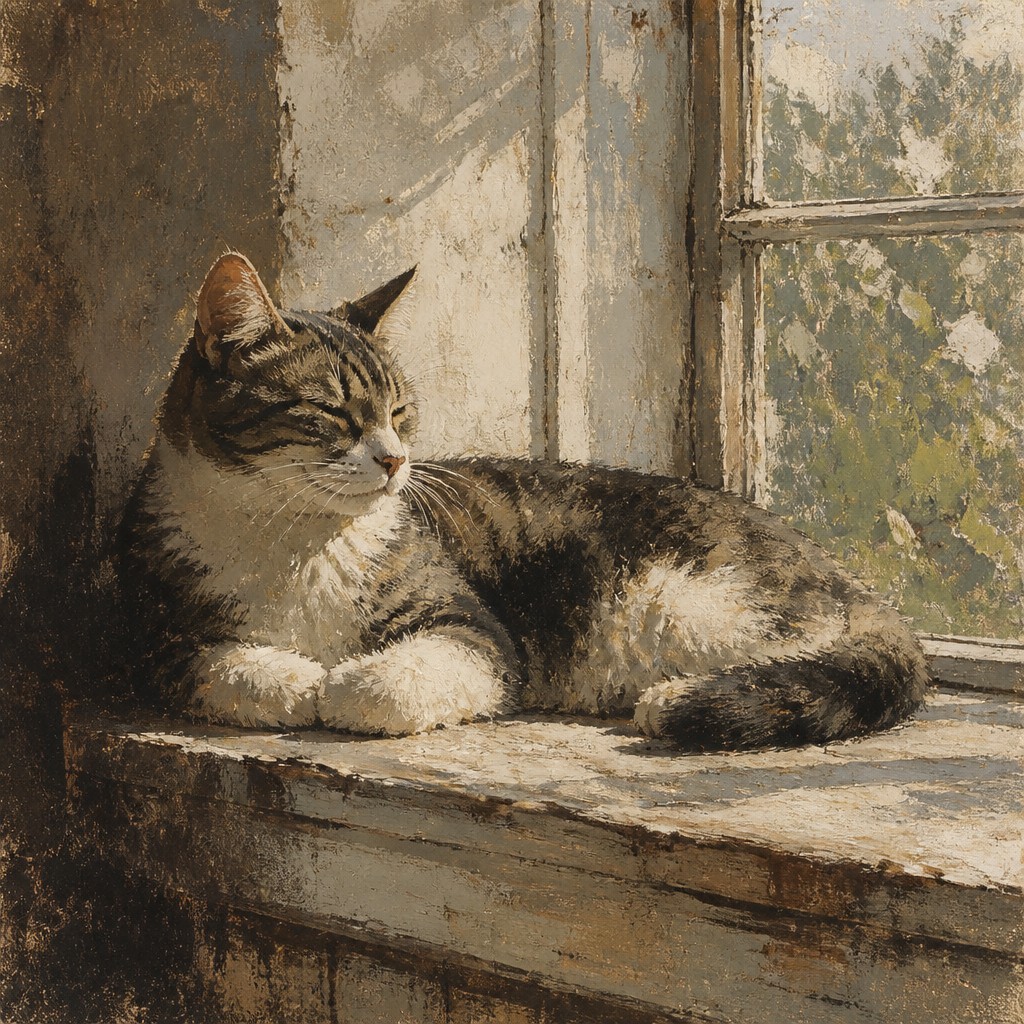 a cat lounging in a sunlit window — Dry Brush Painting Style