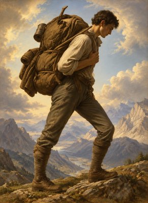 a painting of a man with a backpack