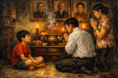 Inside a home in Petaling Jaya, Wing-Sun, a 10 year old Chinese boy sits cross-legged on the cool tile floor, watching the delicate tendrils of smoke rise from the joss sticks his father has just placed in the family altar’s bronze urn. The flickering candlelight casts shifting shadows over the framed portraits of the ancestors, their solemn faces gazing out from another time.
Wing-Sun's father, dressed in crisp slacks and a neatly pressed white shirt, murmurs a quiet prayer, his voice low and rhythmic. Beside him, Wing-Sun’s mother clasps her hands together in a quiet moment of respect before adjusting the jade bangle on her wrist. Their morning ritual is a quiet, practiced thing; one they perform, and Wing-Sun observes, every day.