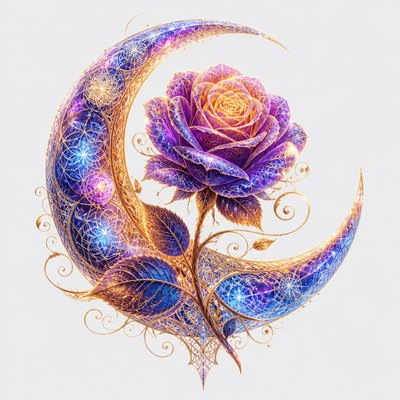 a rose entwined with a crescent moon, clean balanced composition on a plain background, no text