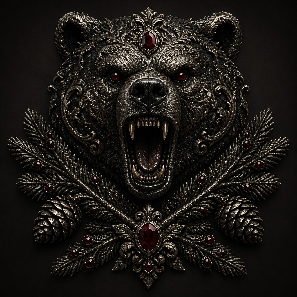 a roaring bear head above crossed pine branches, bold graphic composition on a plain background, no text