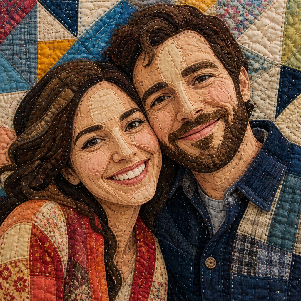 portrait of two people together — Quilt Art Style