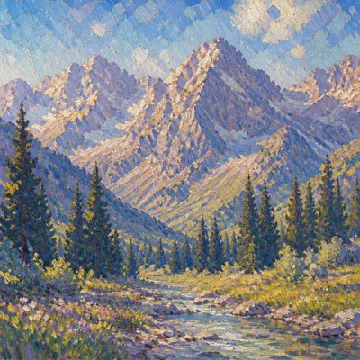 a mountain range above a pine valley, clear sky
