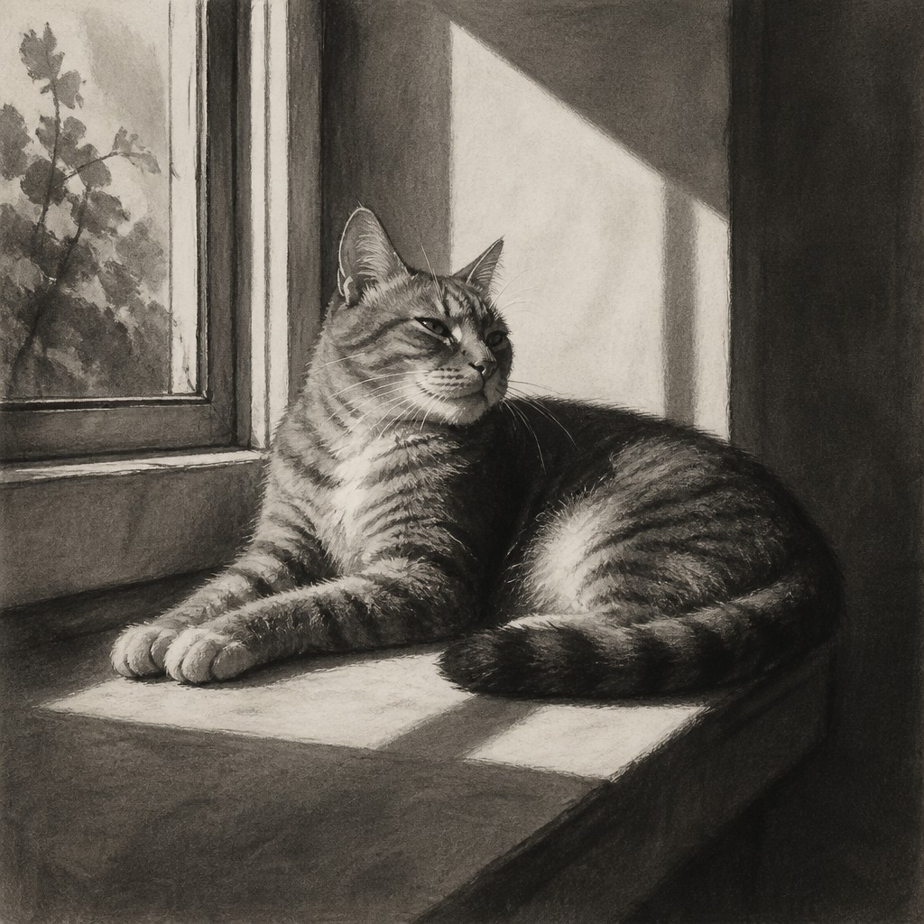 a cat lounging in a sunlit window — Value Study Art Style