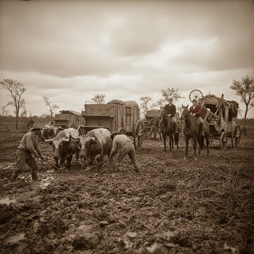 A highly realistic and historically accurate image set in the deep, waterlogged mud of the Texas Cross Timbers (Montague County) in 1840. The scene captures the frustrating moment when the Chihuahua Traders caravan is completely stuck. Foreground focus is on several heavy, wooden Conestoga freight wagons, mired up to their axles in dark, thick mud. Exhausted oxen are straining and distressed, their drivers in rough frontier attire attempting to free the wheels with ropes and levers. In the mid-ground, a small group of the American equestrian circus performers stands next to their distinctive, high-quality riding horses, which are visibly more refined than the typical pack animals. The performers are dressed in sturdy but distinct traveling clothes, looking ill-equipped and frustrated by the muddy conditions. One performer is carefully securing a colorful carriage or cart containing unique circus props, struggling to keep it from sinking. The overall mood is one of miserable delay and hardship. Cloudy, oppressive sky; detailed realism; wide-angle shot; dark, moody lighting.