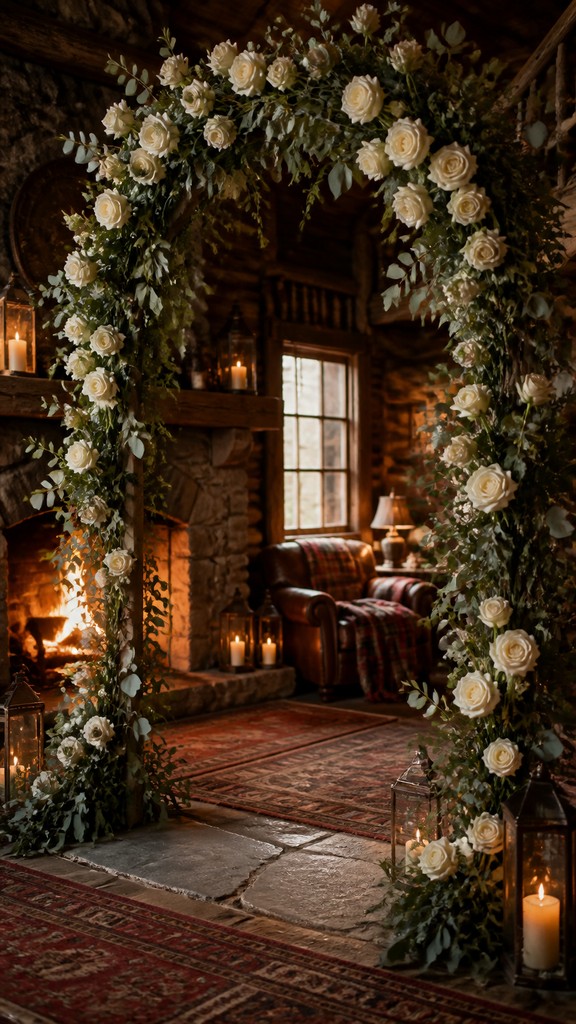 an arch of white roses and eucalyptus in soft morning light, elegant vertical composition with open space, no text