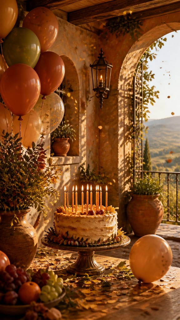 a birthday cake with lit candles surrounded by balloons and confetti, festive vertical composition, no text