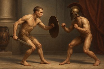 a painting of two men fighting with each other