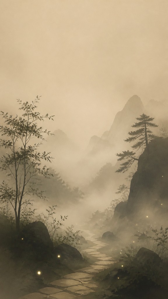 a mysterious forest path with fireflies and drifting mist, atmospheric vertical composition with open space at the top, no text