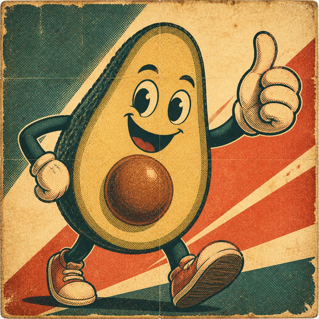 a happy avocado character giving a thumbs up, bold readable design on a plain background, no text