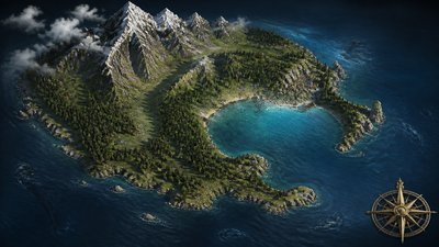 a map of an island realm with mountains, forests, a sheltered bay, sea monsters in the water and a compass rose, no text labels