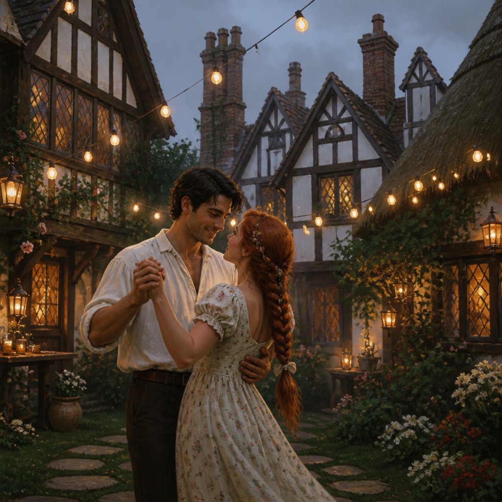 an original couple dancing under string lights in a garden at dusk: a man with short black hair in a linen shirt and a woman with braided red hair in a summer dress