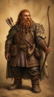 full-body original character: a dwarven ranger with a braided auburn beard, worn leather armor, a longbow and a wolf-pelt cloak, neutral background, no text