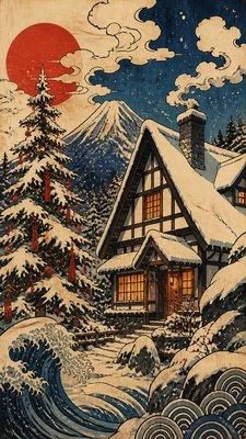 a snow-covered cottage with warm glowing windows beside a decorated pine tree, gentle snowfall, no text