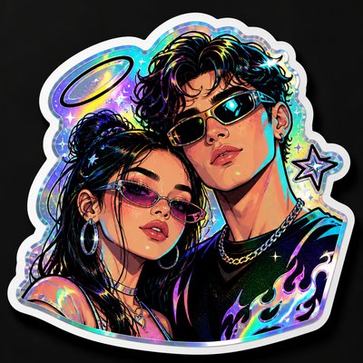 portrait of two people together — Holographic Sticker Design