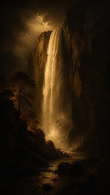 towering waterfall cascading down a cliff