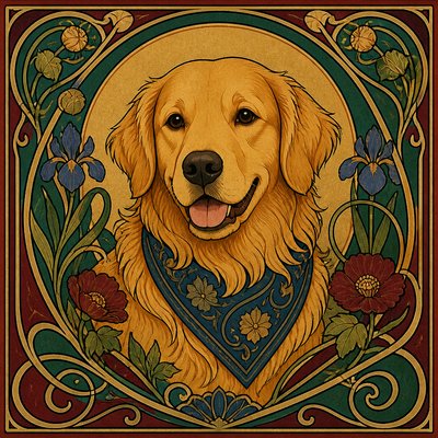portrait of a golden retriever wearing a blue bandana, warm plain backdrop, no text
