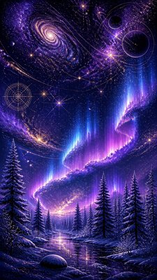 a snowy pine forest under the northern lights, no people